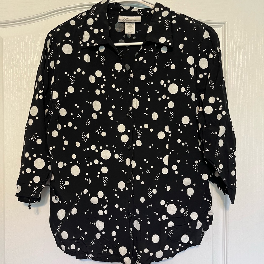 Dressbarn Black Blouse with white dots. Size L.
